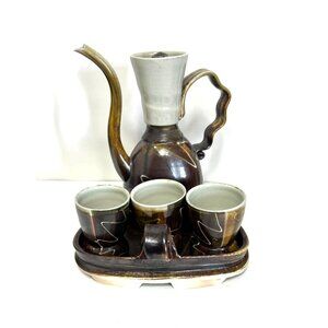 Vintage Alan Willoughboy Handmade Ceramic Coffee Carafe Set Tray & 3 Cups